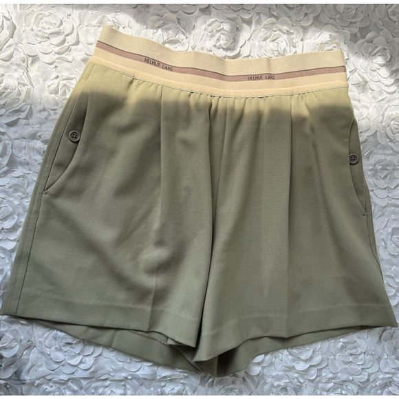 Helmut Lang Shorts Womens Size 6 Pleated Twill High Waist Pull On Logo Waist - Picture 3 of 9